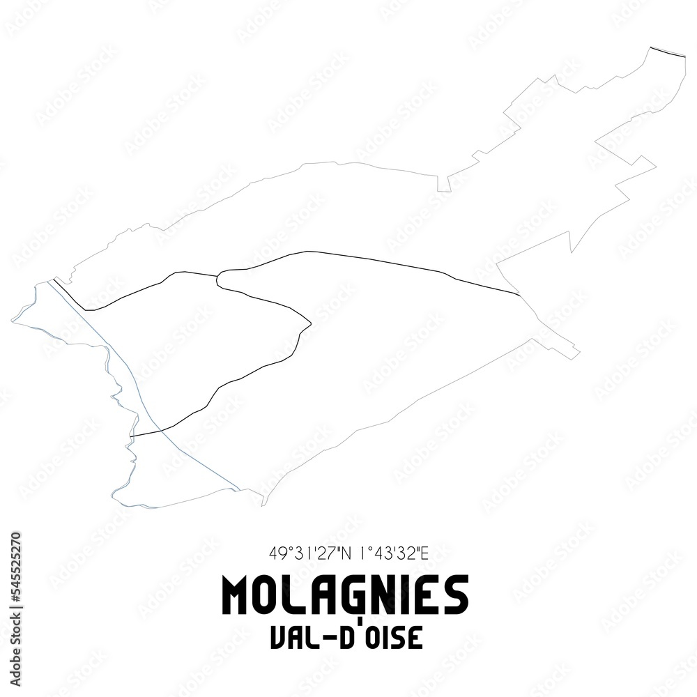 MOLAGNIES Val-d'Oise. Minimalistic street map with black and white lines. MOLAGNIES Val-d'Oise. Minimalistic street map with black and white lines.