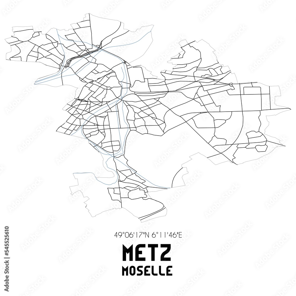METZ Moselle. Minimalistic street map with black and white lines.
