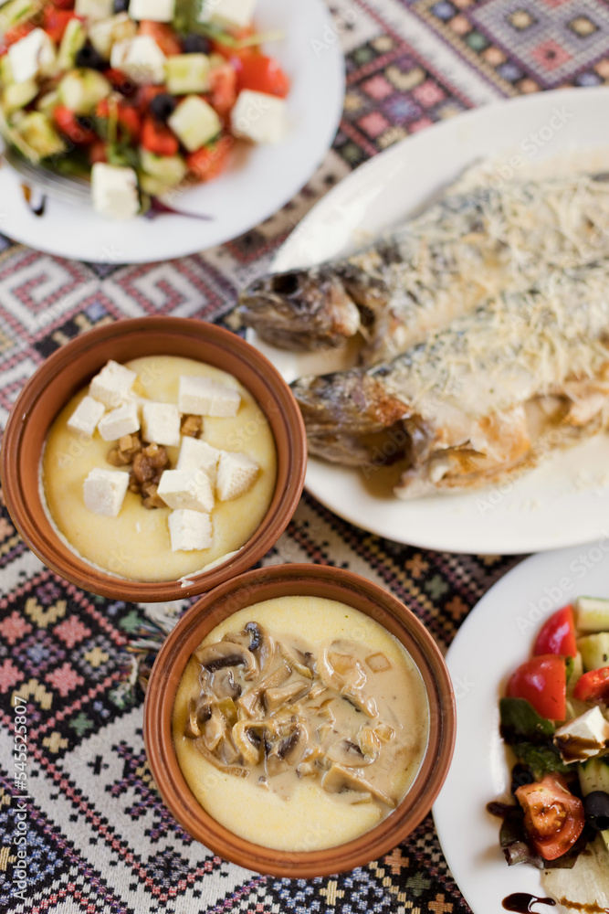Ukrainian Carpathians traditional food on table