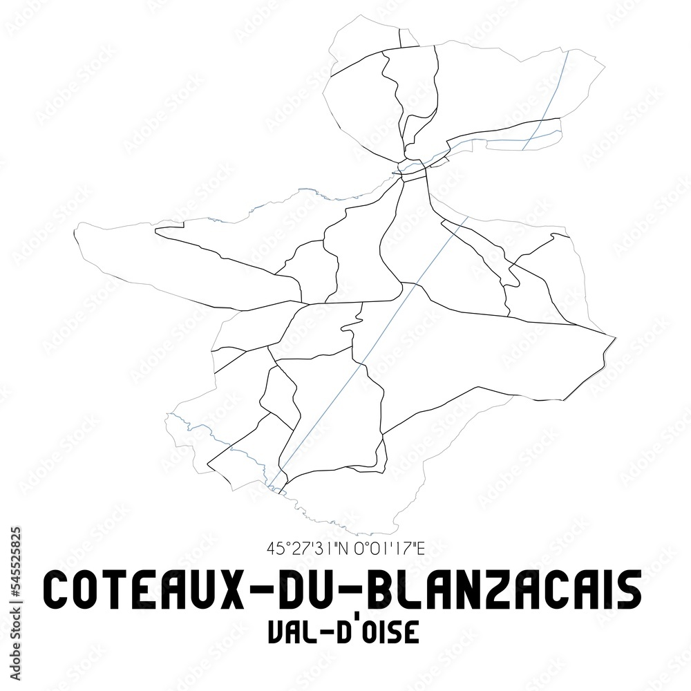 COTEAUX-DU-BLANZACAIS Val-d'Oise. Minimalistic street map with black and white lines.