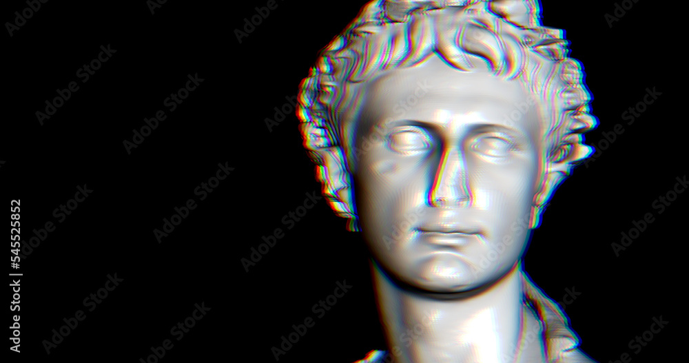 3D model of a roman statue head with glitch effect over. Glitch and noise over greek statue. Vaporwave colors and mood with techonology digital noise.
Classical statue head.