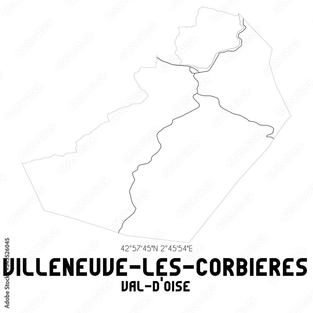 VILLENEUVE-LES-CORBIERES Val-d'Oise. Minimalistic street map with black and white lines.