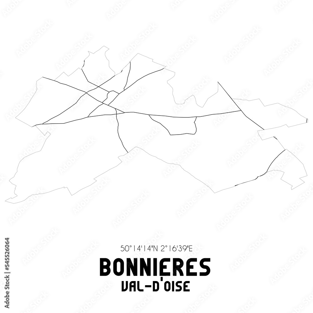 BONNIERES Val-d'Oise. Minimalistic street map with black and white lines. BONNIERES Val-d'Oise. Minimalistic street map with black and white lines.