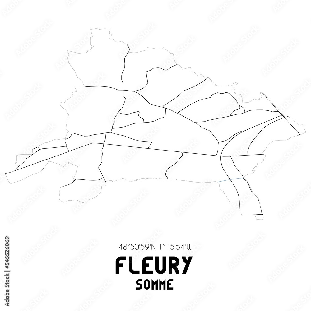 FLEURY Somme. Minimalistic street map with black and white lines.