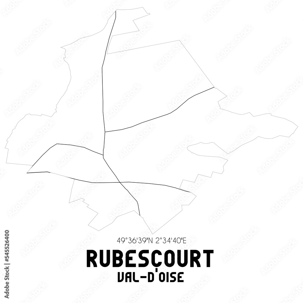 RUBESCOURT Val-d'Oise. Minimalistic street map with black and white lines. RUBESCOURT Val-d'Oise. Minimalistic street map with black and white lines.