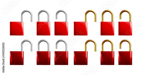 3d lock vector illustration. Realistic locked, unlocked, open, closed volumetric padlock.