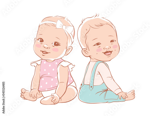 Cute little boy and a girl are sitting and smiling. Active baby 3-12 months in baby. First years baby development. Brother and sister. European ethnicity. Vector illustration in pastel colors.
