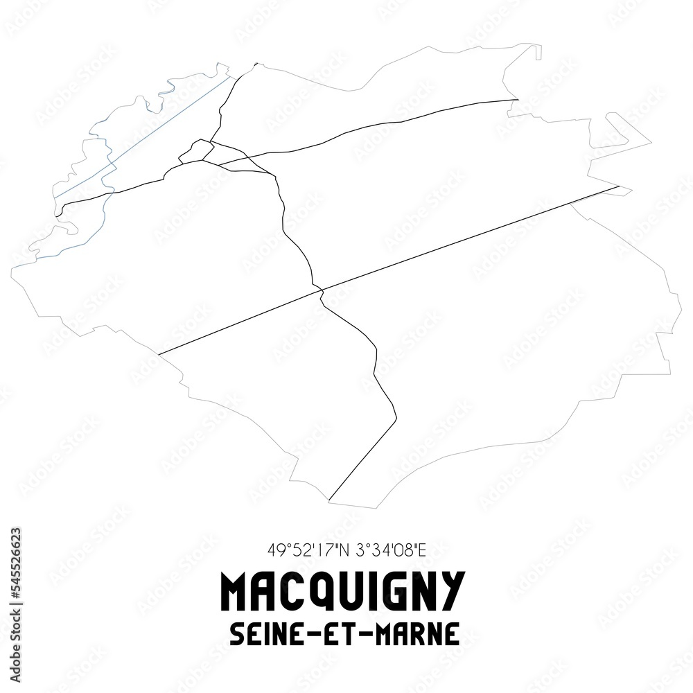 MACQUIGNY Seine-et-Marne. Minimalistic street map with black and white lines.