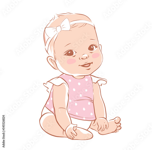 Cute baby girl sitting and smiling. Active baby of 3-12 months dressed in baby clothes. First years baby development. Caucasian ethnicity child. Vector illustration in pastel colors.