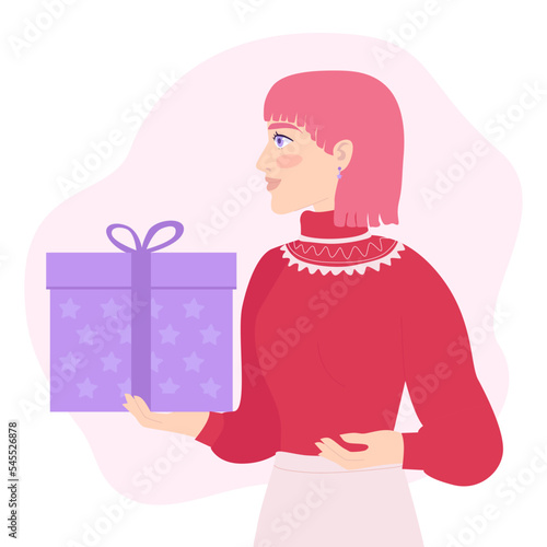 Young woman in a red sweater with a New Year's gift. The girl gives a gift.Funny cartoon character preparing for Christmas. Flat vector illustration. Christmas sale or Secret Santa surprises concept.