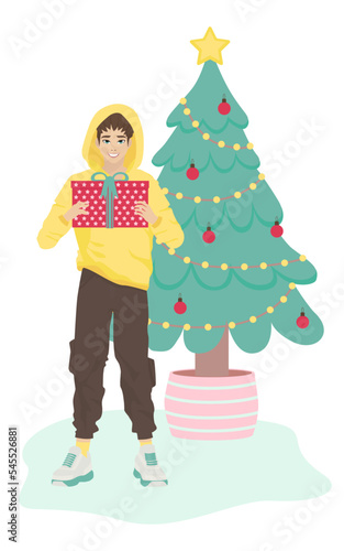 A young man with a New Year's gift in front of a Christmas tree. Funny cartoon character is preparing for Christmas. The guy gives a gift for the New Year. Flat vector illustration. Christmas sale