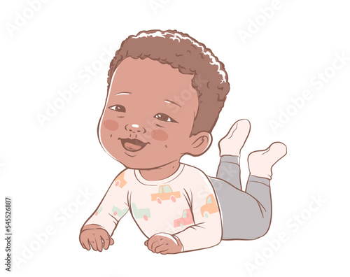 Cute baby boy lying down and laughing. Active dark skin baby of 3-12 months dressed in baby clothes. First years baby development. African american ethnicity child. illustration in pastel colors