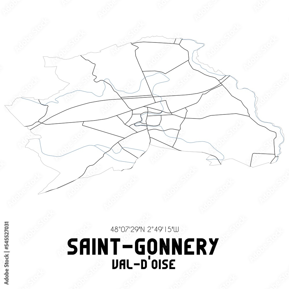 SAINT-GONNERY Val-d'Oise. Minimalistic street map with black and white lines. SAINT-GONNERY Val-d'Oise. Minimalistic street map with black and white lines.