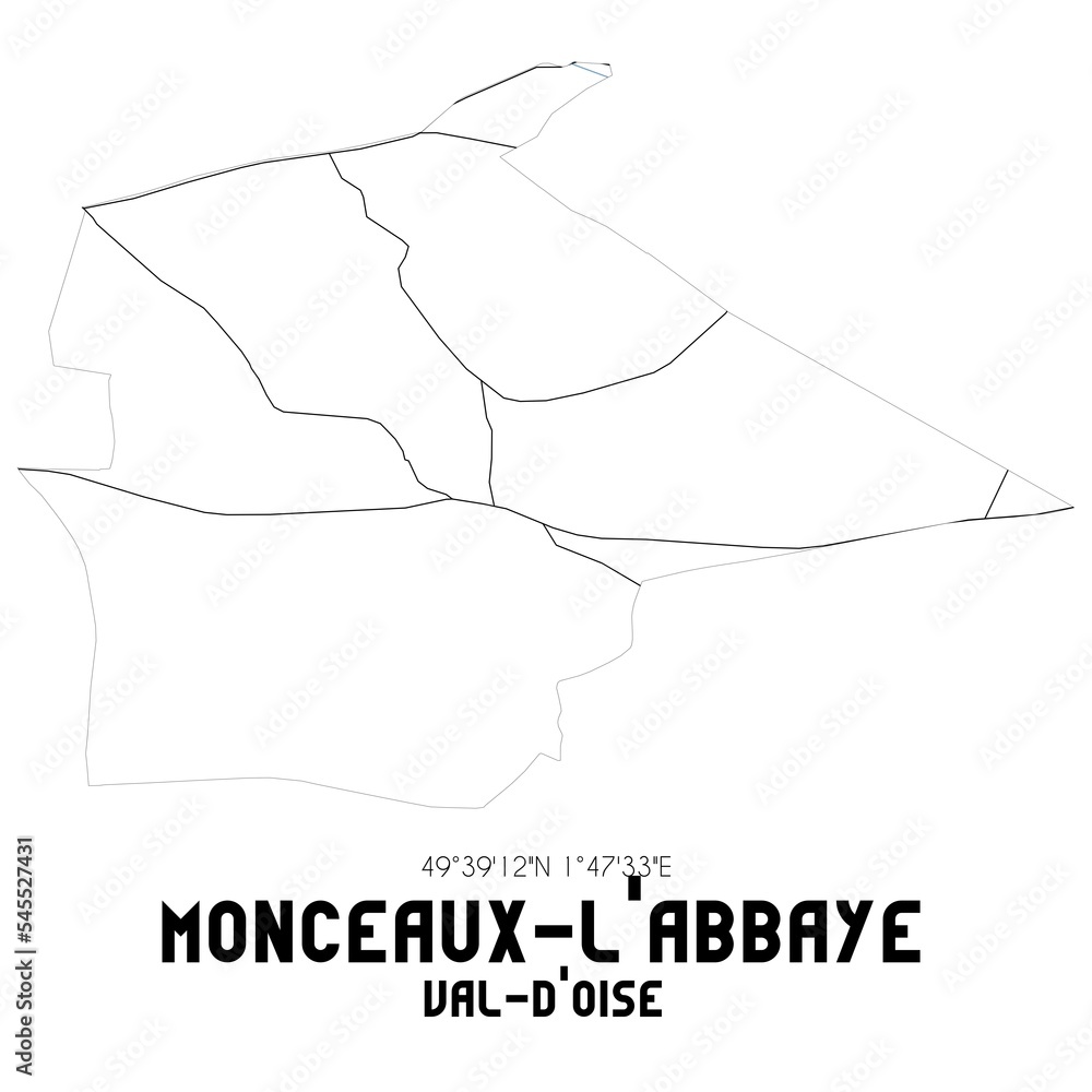 MONCEAUX-L'ABBAYE Val-d'Oise. Minimalistic street map with black and white lines. MONCEAUX-L'ABBAYE Val-d'Oise. Minimalistic street map with black and white lines.