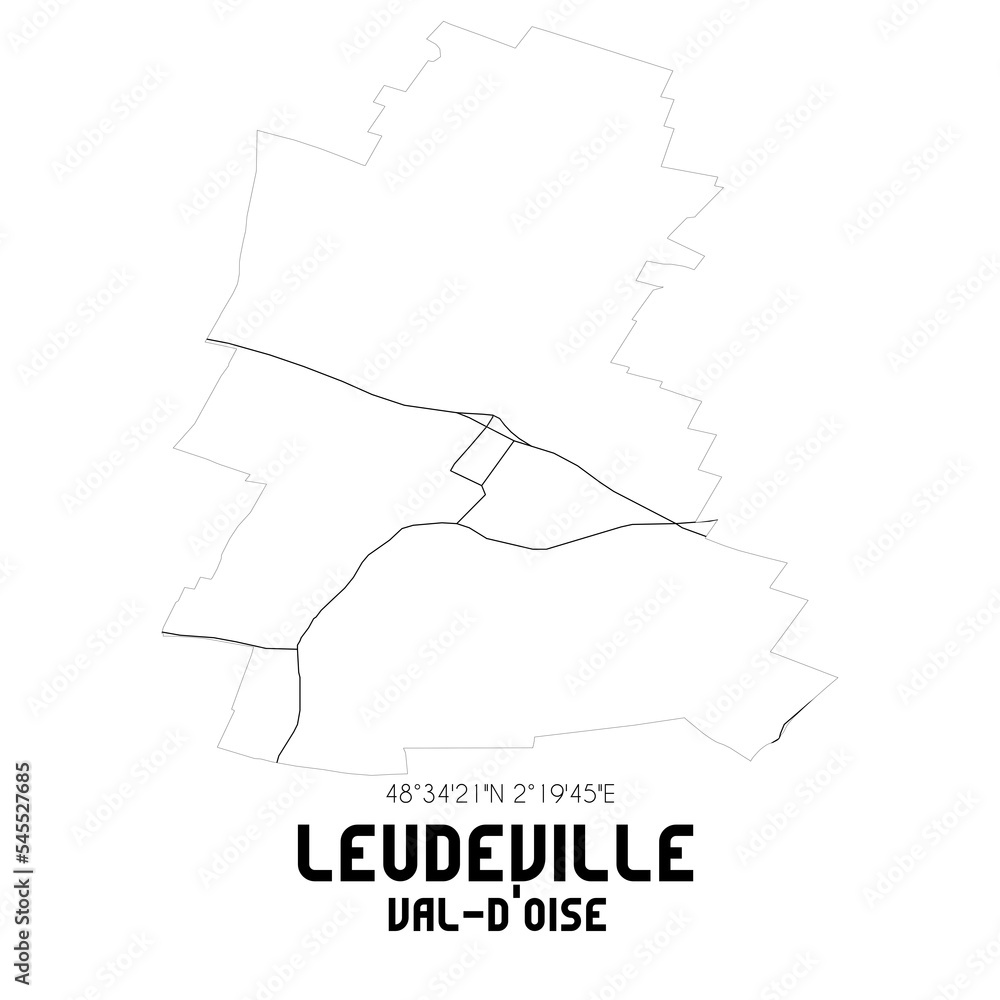 LEUDEVILLE Val-d'Oise. Minimalistic street map with black and white lines.