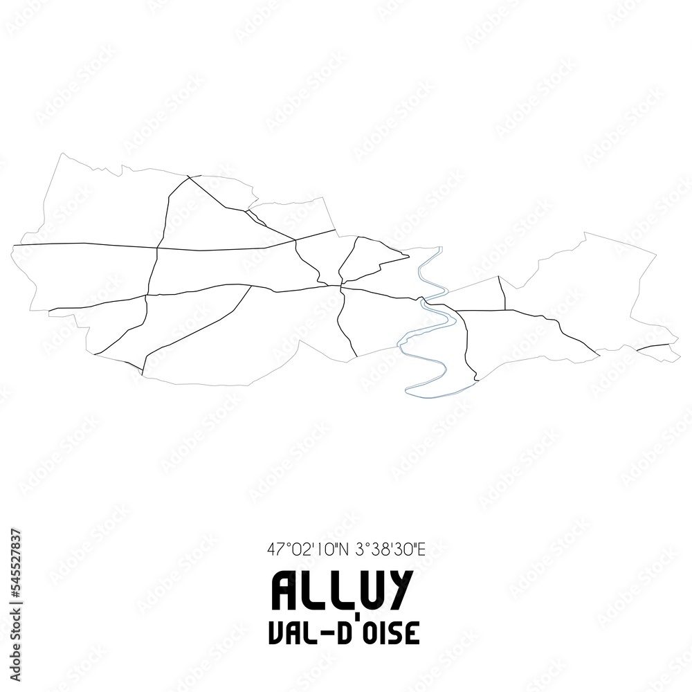 ALLUY Val-d'Oise. Minimalistic street map with black and white lines. ALLUY Val-d'Oise. Minimalistic street map with black and white lines.