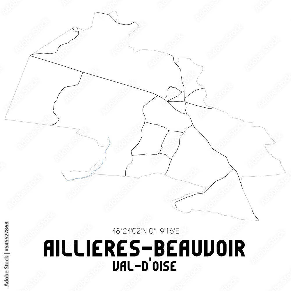 AILLIERES-BEAUVOIR Val-d'Oise. Minimalistic street map with black and white lines.