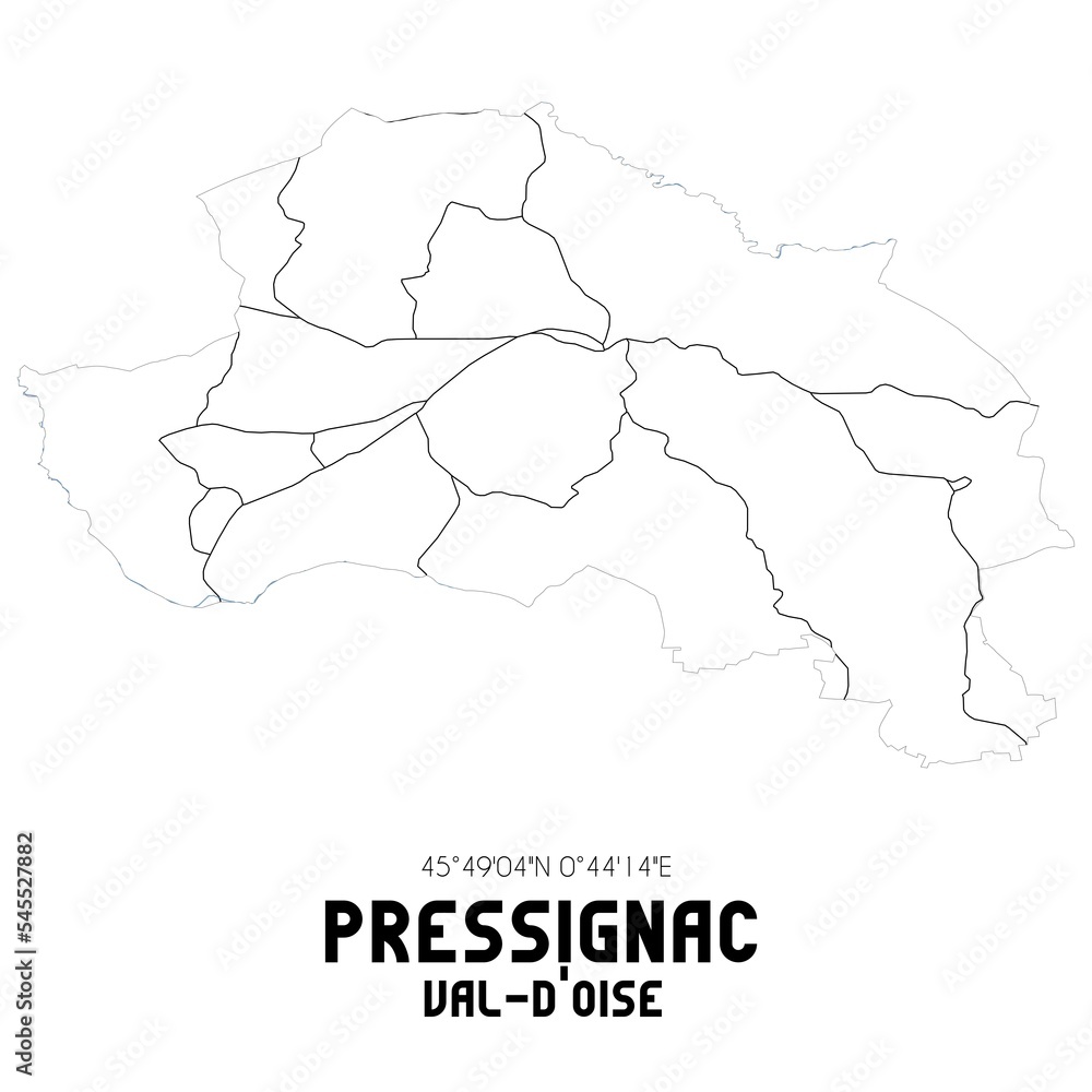 PRESSIGNAC Val-d'Oise. Minimalistic street map with black and white lines.