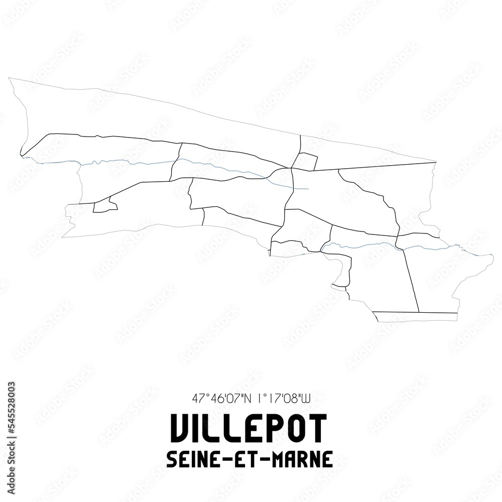 VILLEPOT Seine-et-Marne. Minimalistic street map with black and white lines.
