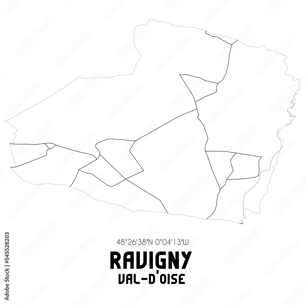 RAVIGNY Val-d'Oise. Minimalistic street map with black and white lines.