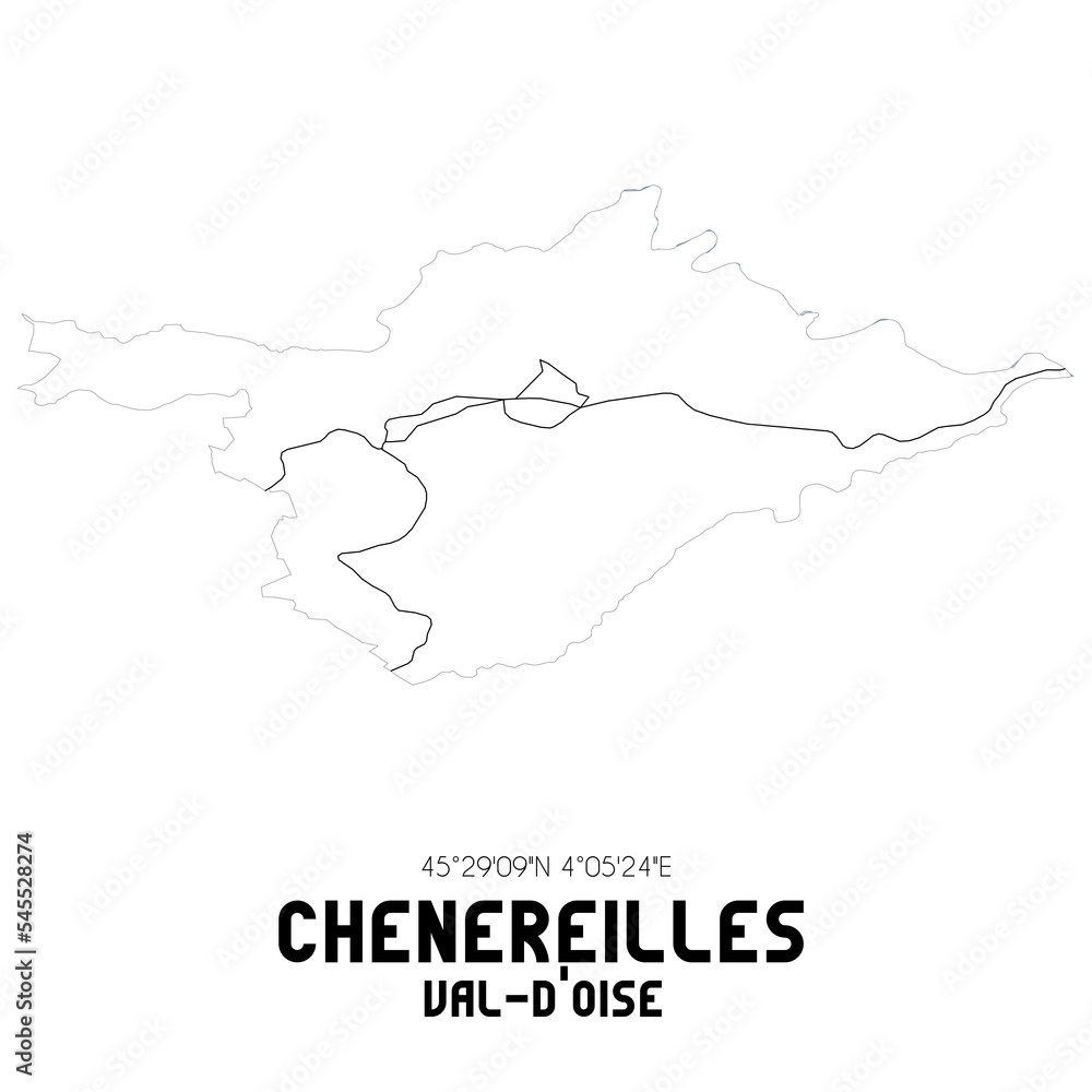 CHENEREILLES Val-d'Oise. Minimalistic street map with black and white lines.