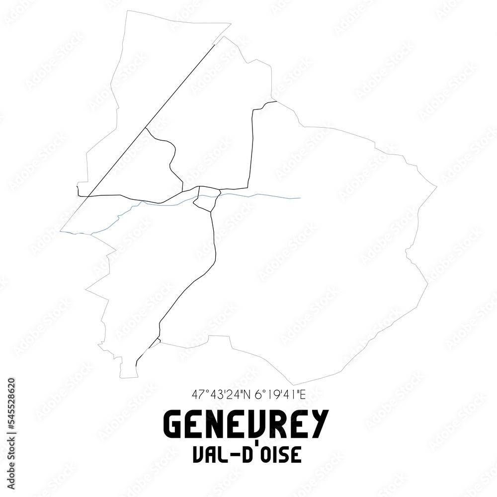 GENEVREY Val-d'Oise. Minimalistic street map with black and white lines. GENEVREY Val-d'Oise. Minimalistic street map with black and white lines.