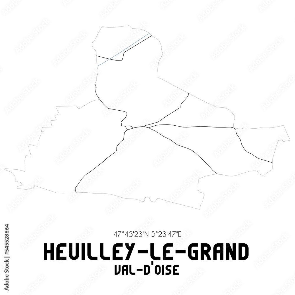 HEUILLEY-LE-GRAND Val-d'Oise. Minimalistic street map with black and white lines.