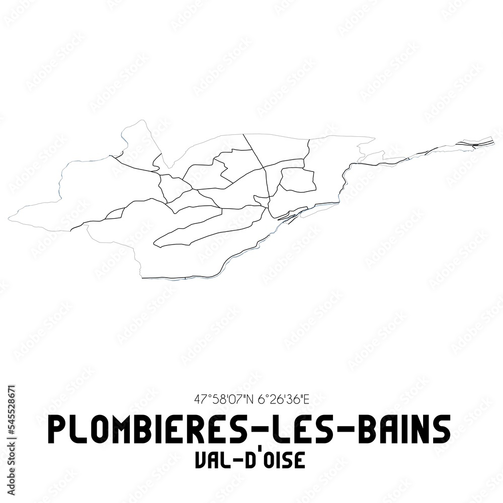 PLOMBIERES-LES-BAINS Val-d'Oise. Minimalistic street map with black and white lines.