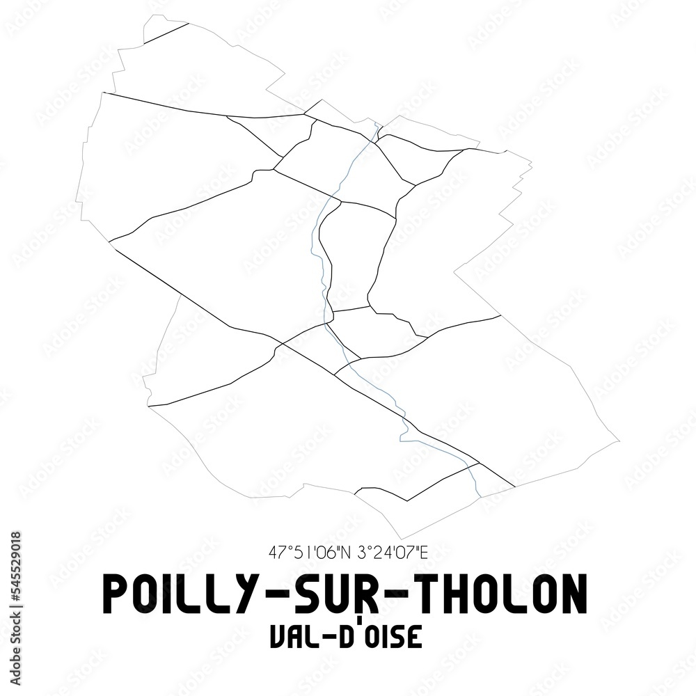 POILLY-SUR-THOLON Val-d'Oise. Minimalistic street map with black and white lines. POILLY-SUR-THOLON Val-d'Oise. Minimalistic street map with black and white lines.