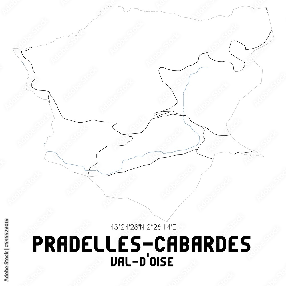 PRADELLES-CABARDES Val-d'Oise. Minimalistic street map with black and white lines.