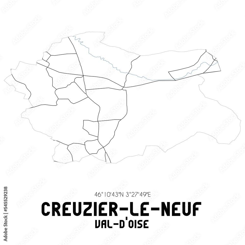CREUZIER-LE-NEUF Val-d'Oise. Minimalistic street map with black and white lines.