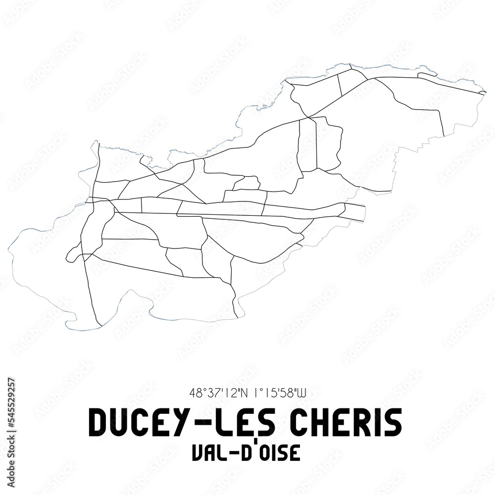 DUCEY-LES CHERIS Val-d'Oise. Minimalistic street map with black and white lines.