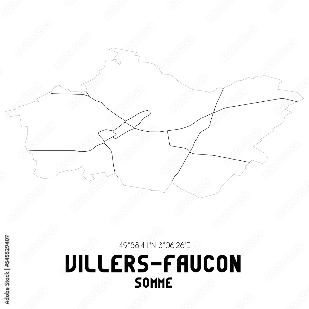 VILLERS-FAUCON Somme. Minimalistic street map with black and white lines.