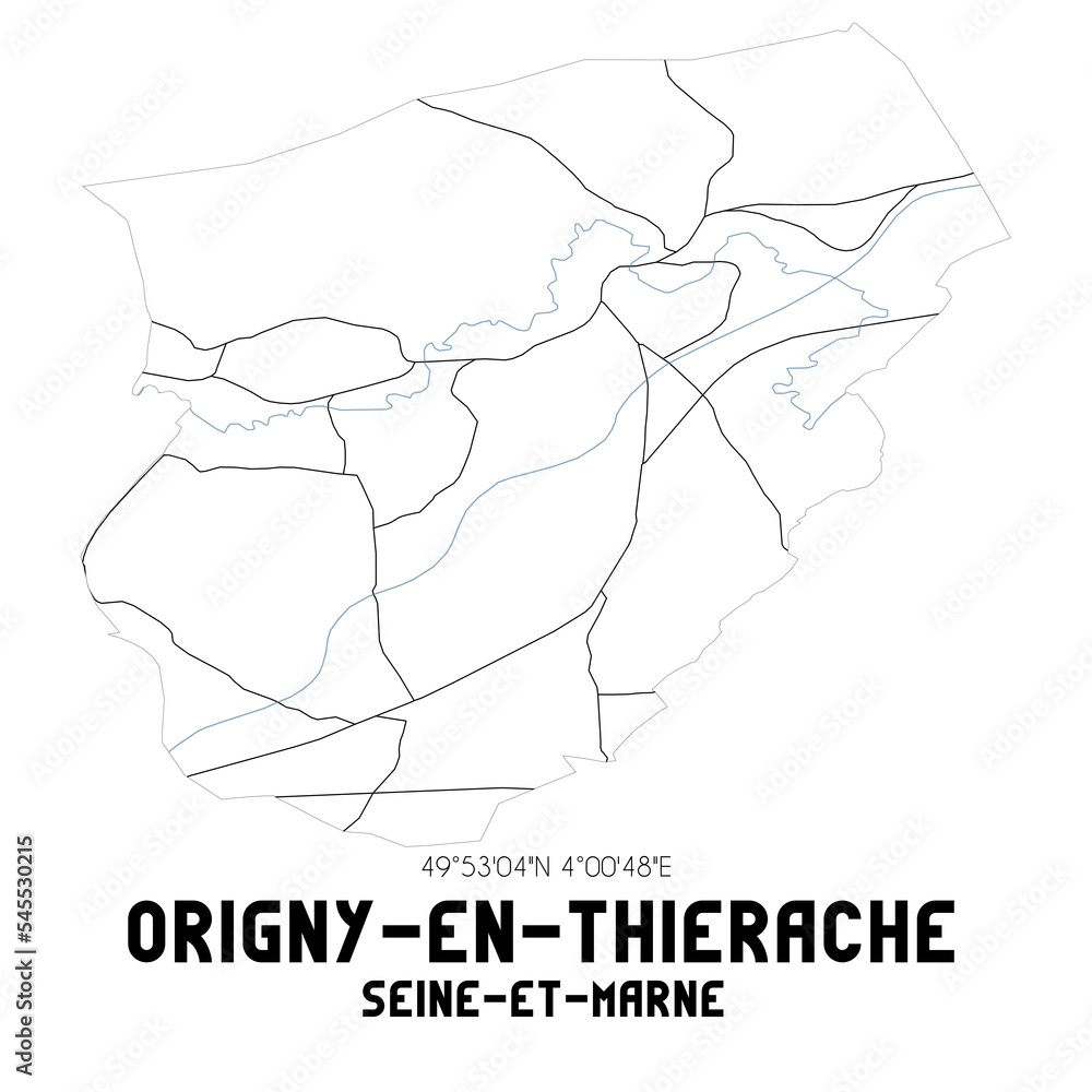 ORIGNY-EN-THIERACHE Seine-et-Marne. Minimalistic street map with black and white lines.