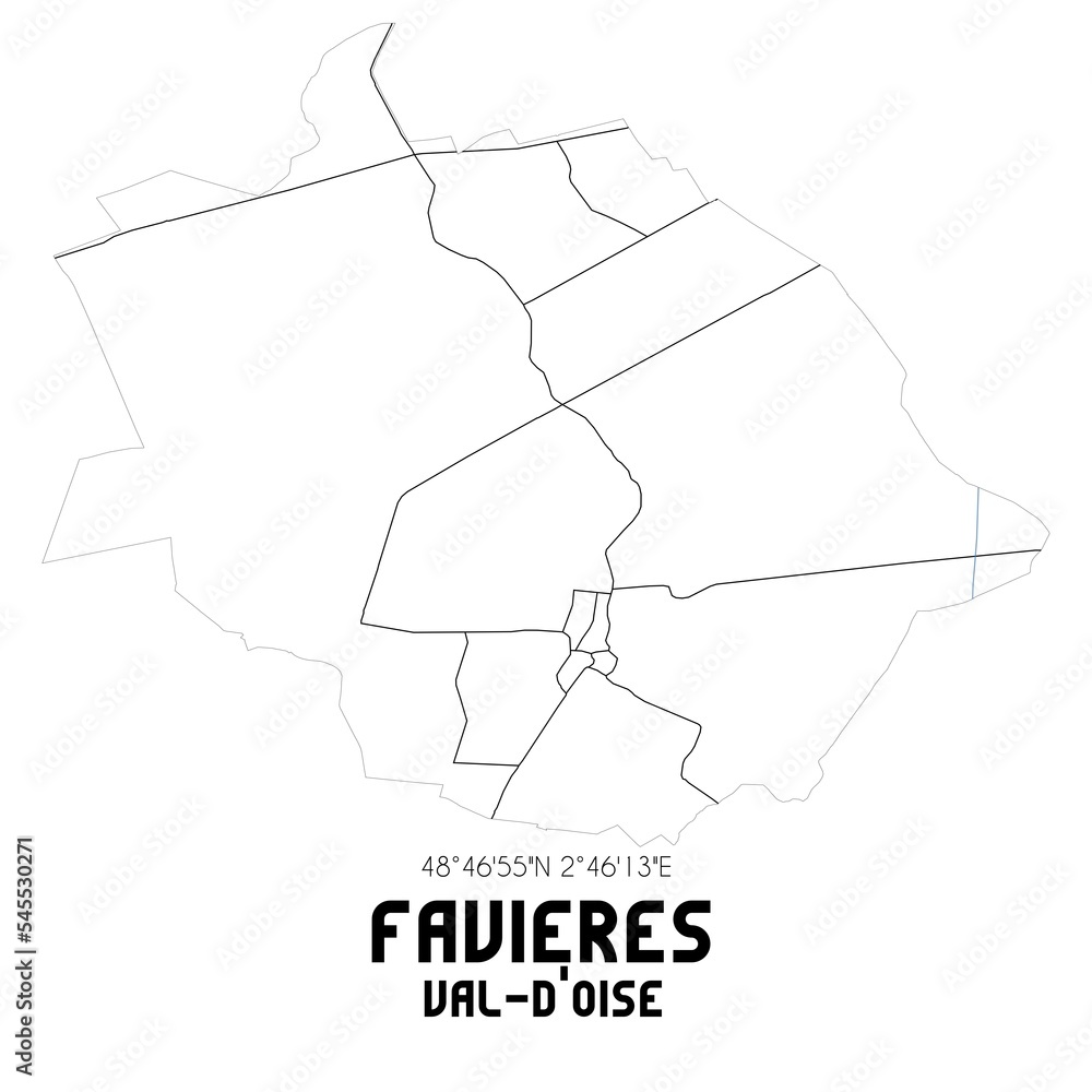 FAVIERES Val-d'Oise. Minimalistic street map with black and white lines.