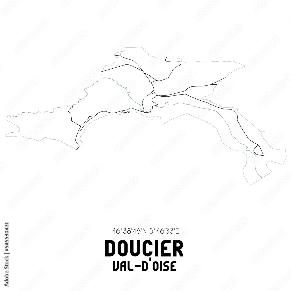 DOUCIER Val-d'Oise. Minimalistic street map with black and white lines. DOUCIER Val-d'Oise. Minimalistic street map with black and white lines.