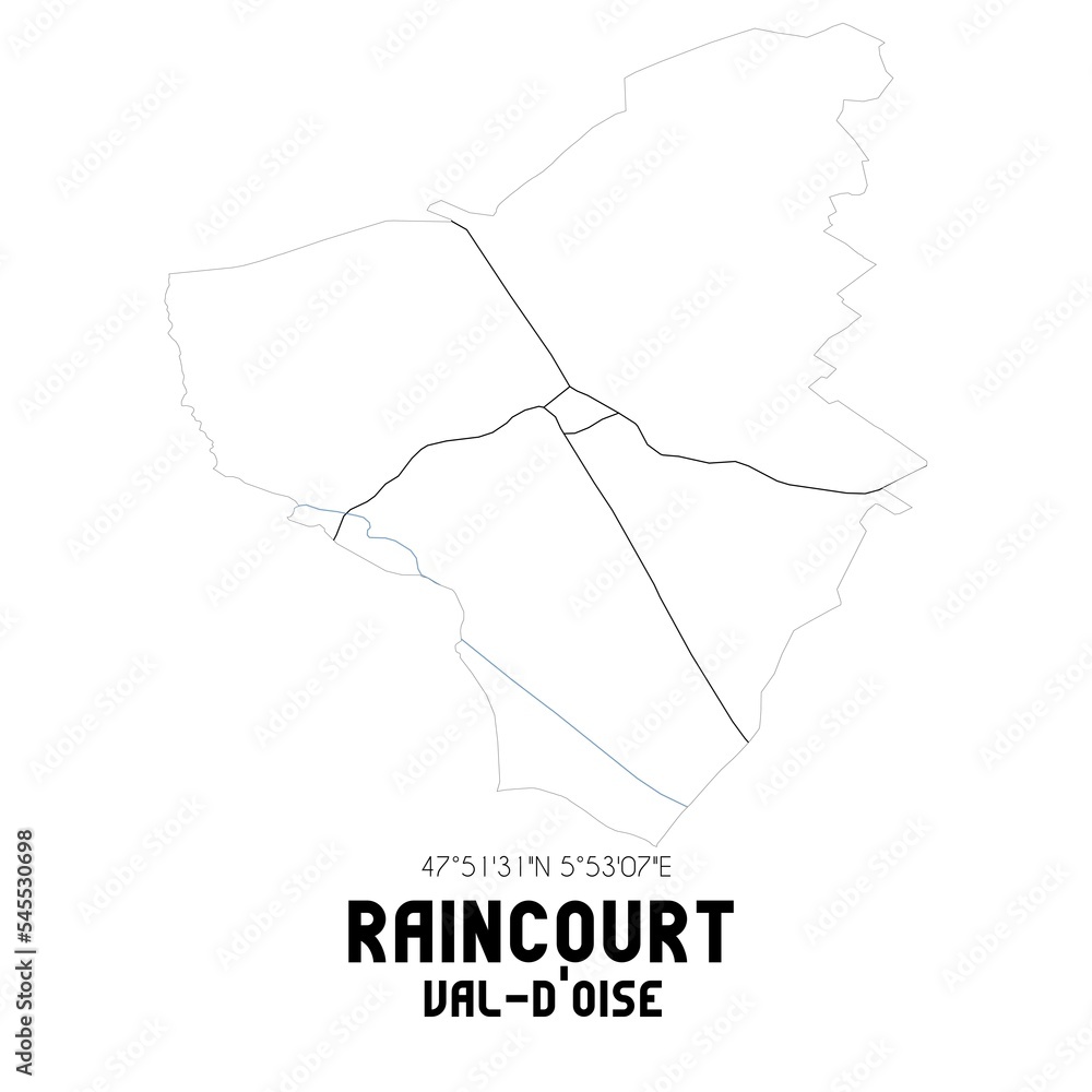 RAINCOURT Val-d'Oise. Minimalistic street map with black and white lines.