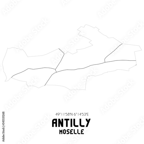 ANTILLY Moselle. Minimalistic street map with black and white lines.
