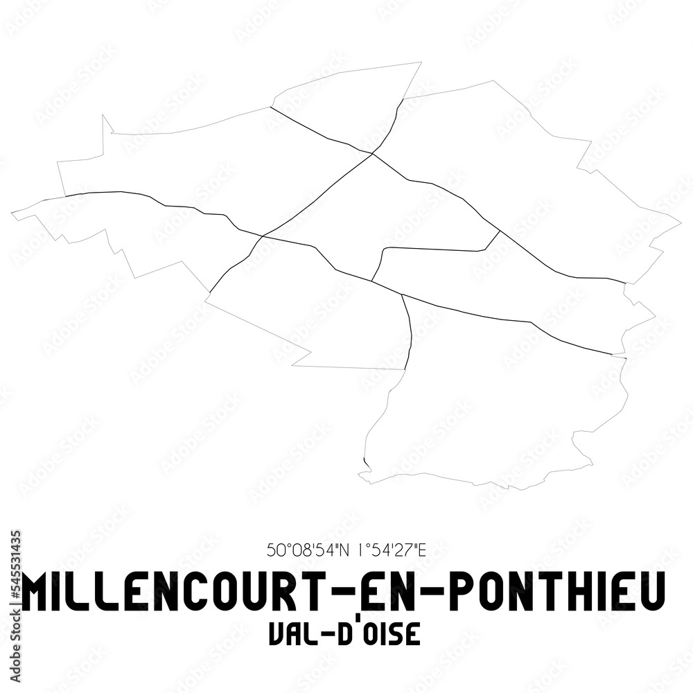 MILLENCOURT-EN-PONTHIEU Val-d'Oise. Minimalistic street map with black and white lines. MILLENCOURT-EN-PONTHIEU Val-d'Oise. Minimalistic street map with black and white lines.
