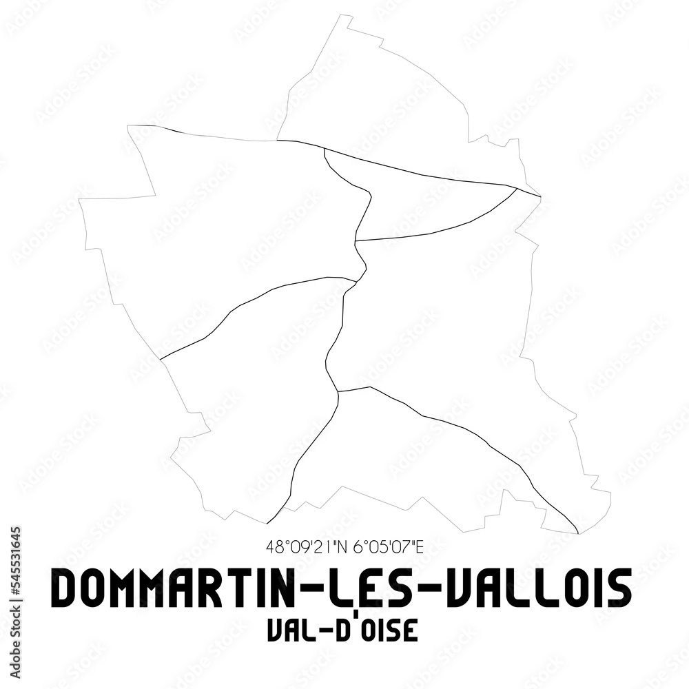 DOMMARTIN-LES-VALLOIS Val-d'Oise. Minimalistic street map with black and white lines.