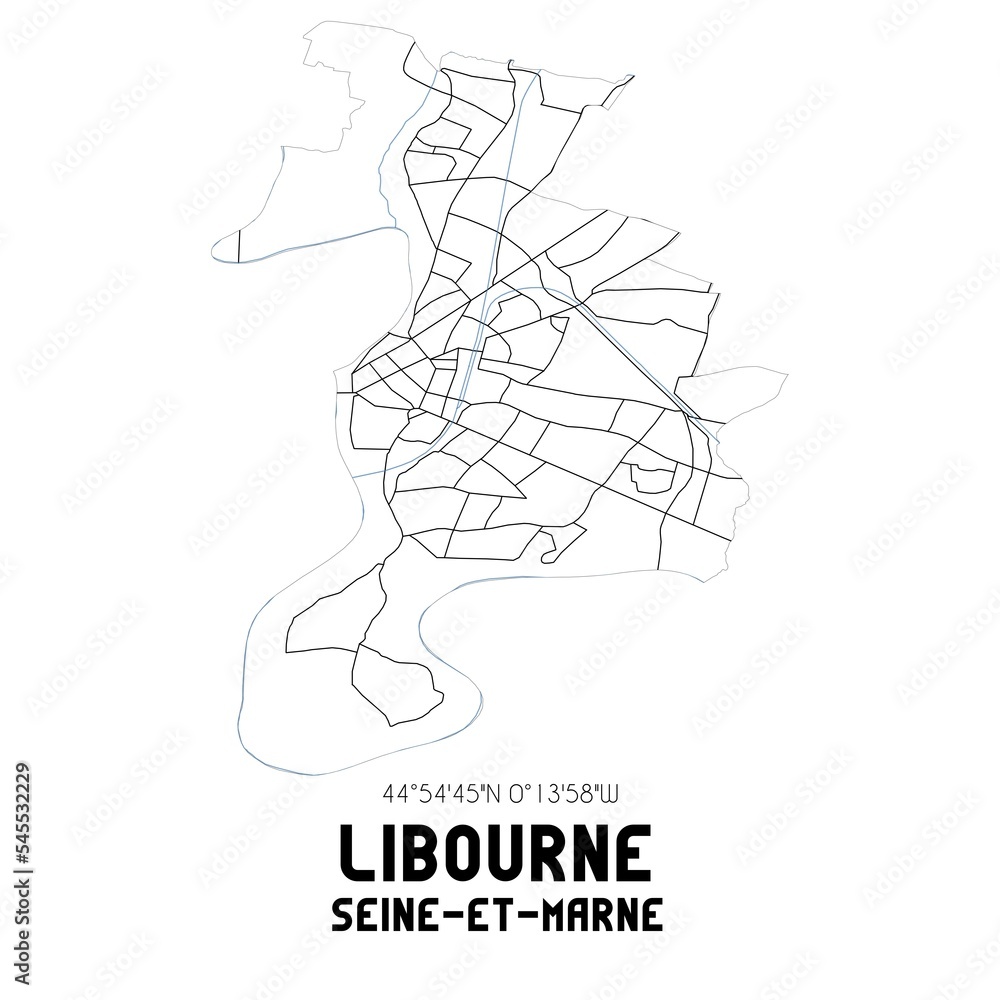 Fototapeta premium LIBOURNE Seine-et-Marne. Minimalistic street map with black and white lines.