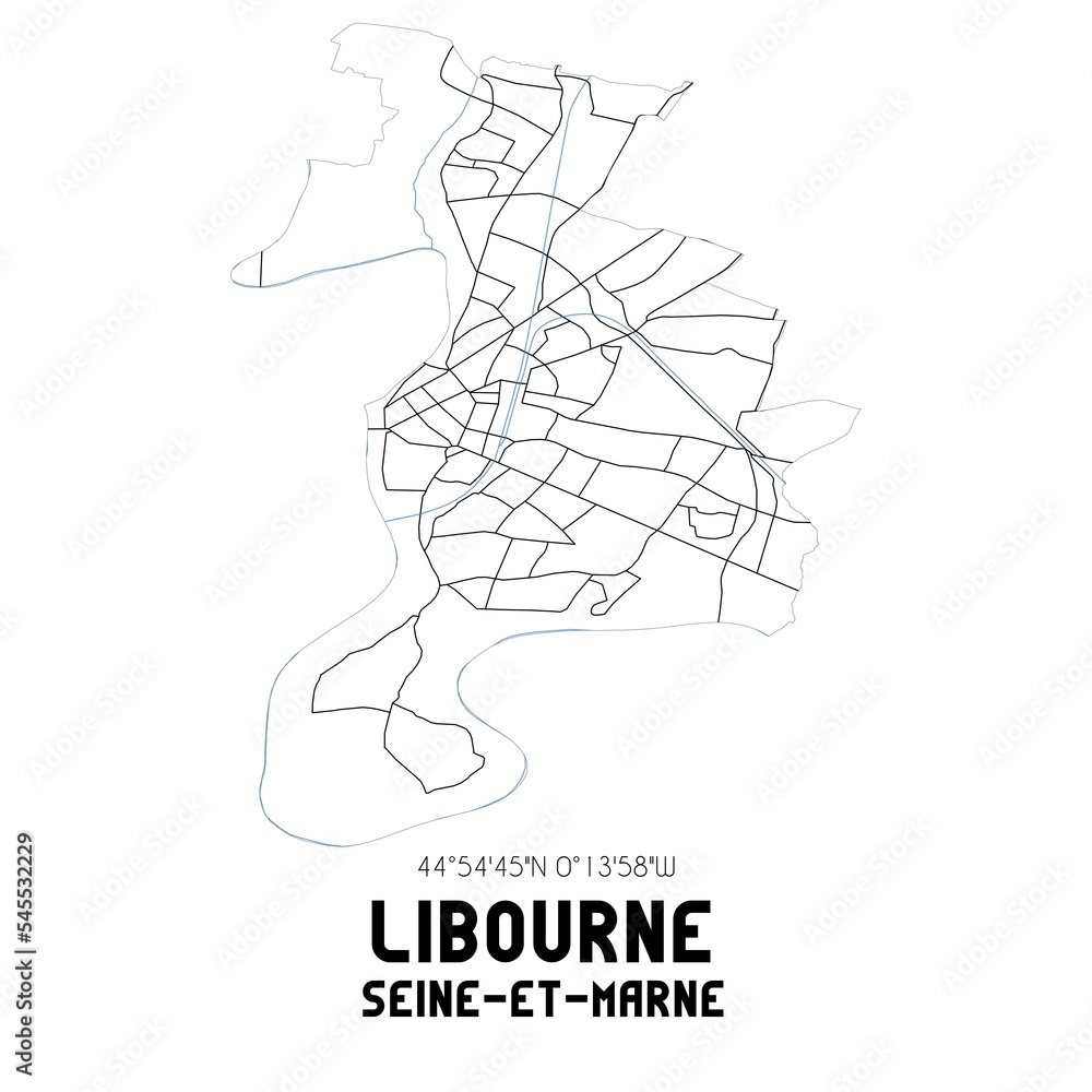 LIBOURNE Seine-et-Marne. Minimalistic street map with black and white lines.