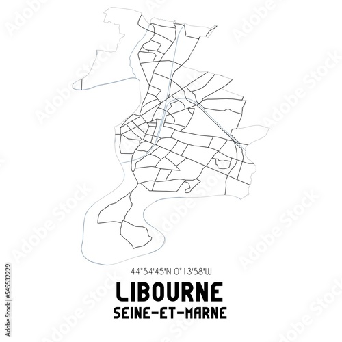 LIBOURNE Seine-et-Marne. Minimalistic street map with black and white lines.