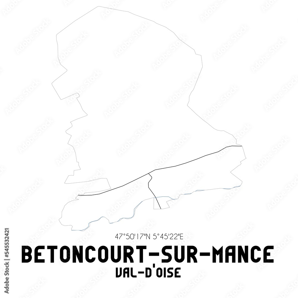 BETONCOURT-SUR-MANCE Val-d'Oise. Minimalistic street map with black and white lines.