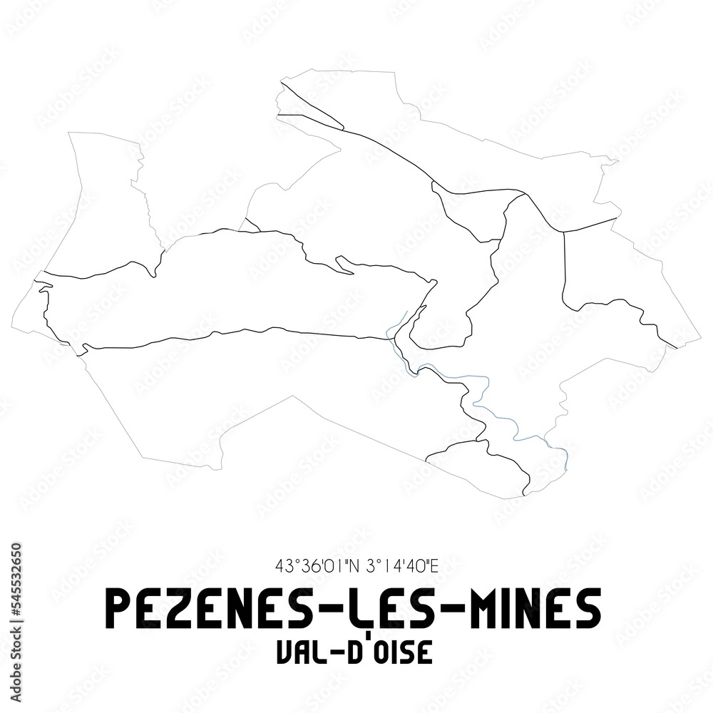 PEZENES-LES-MINES Val-d'Oise. Minimalistic street map with black and white lines.