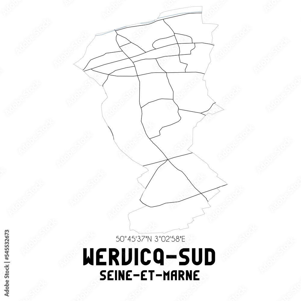 WERVICQ-SUD Seine-et-Marne. Minimalistic street map with black and white lines.