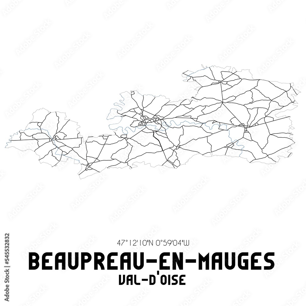 BEAUPREAU-EN-MAUGES Val-d'Oise. Minimalistic street map with black and white lines.