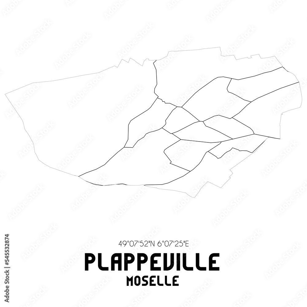 PLAPPEVILLE Moselle. Minimalistic street map with black and white lines.