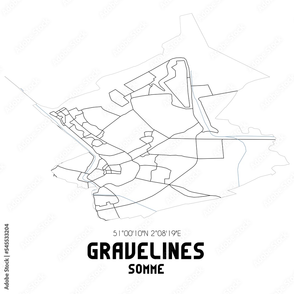 GRAVELINES Somme. Minimalistic street map with black and white lines.