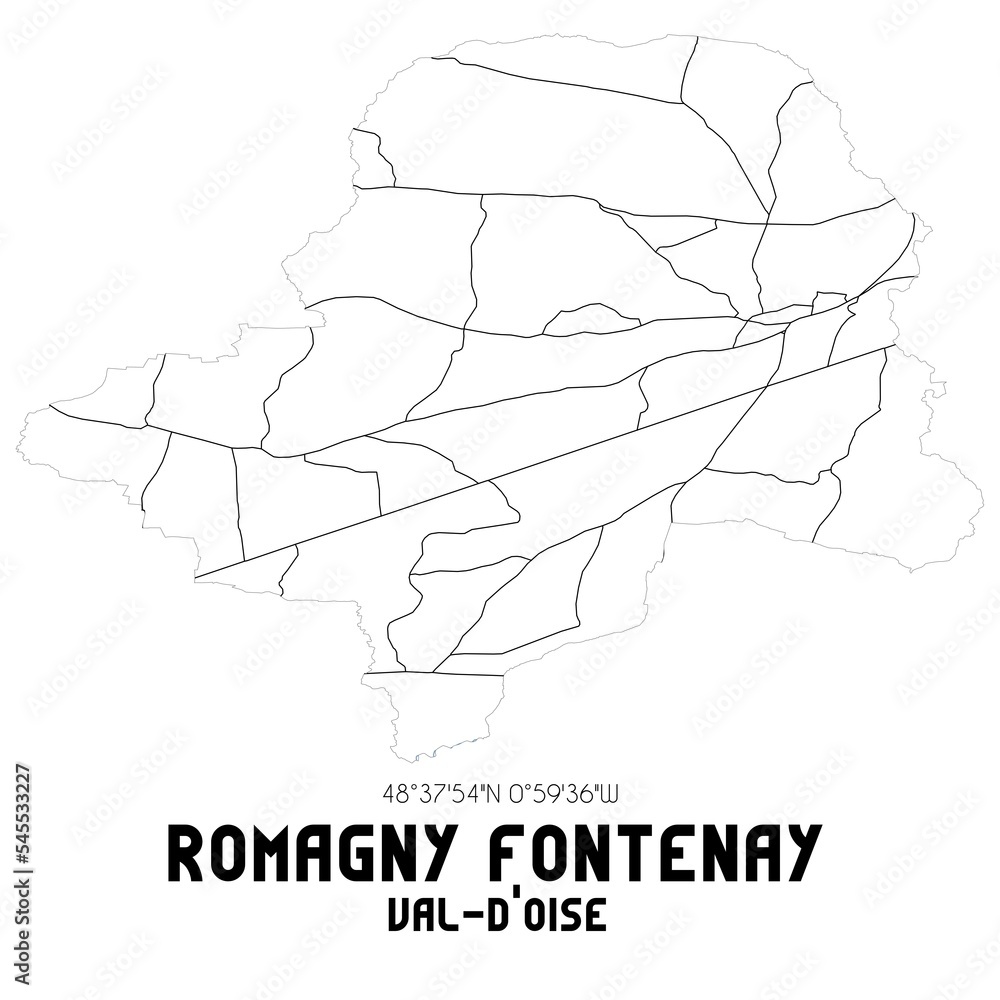 ROMAGNY FONTENAY Val-d'Oise. Minimalistic street map with black and white lines. ROMAGNY FONTENAY Val-d'Oise. Minimalistic street map with black and white lines.